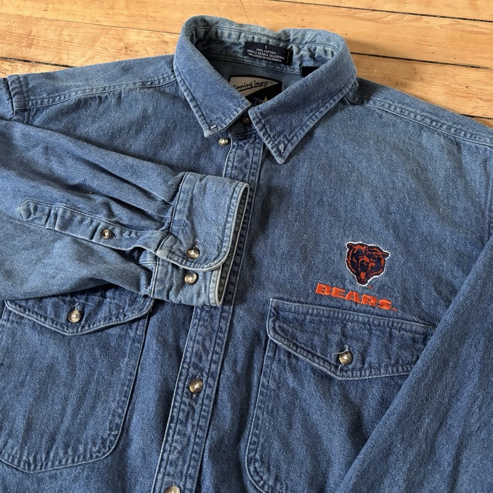 VTG 90s Chicago Bears Denim Button Up Shirt Long Sleeve Size L 1995 Blue